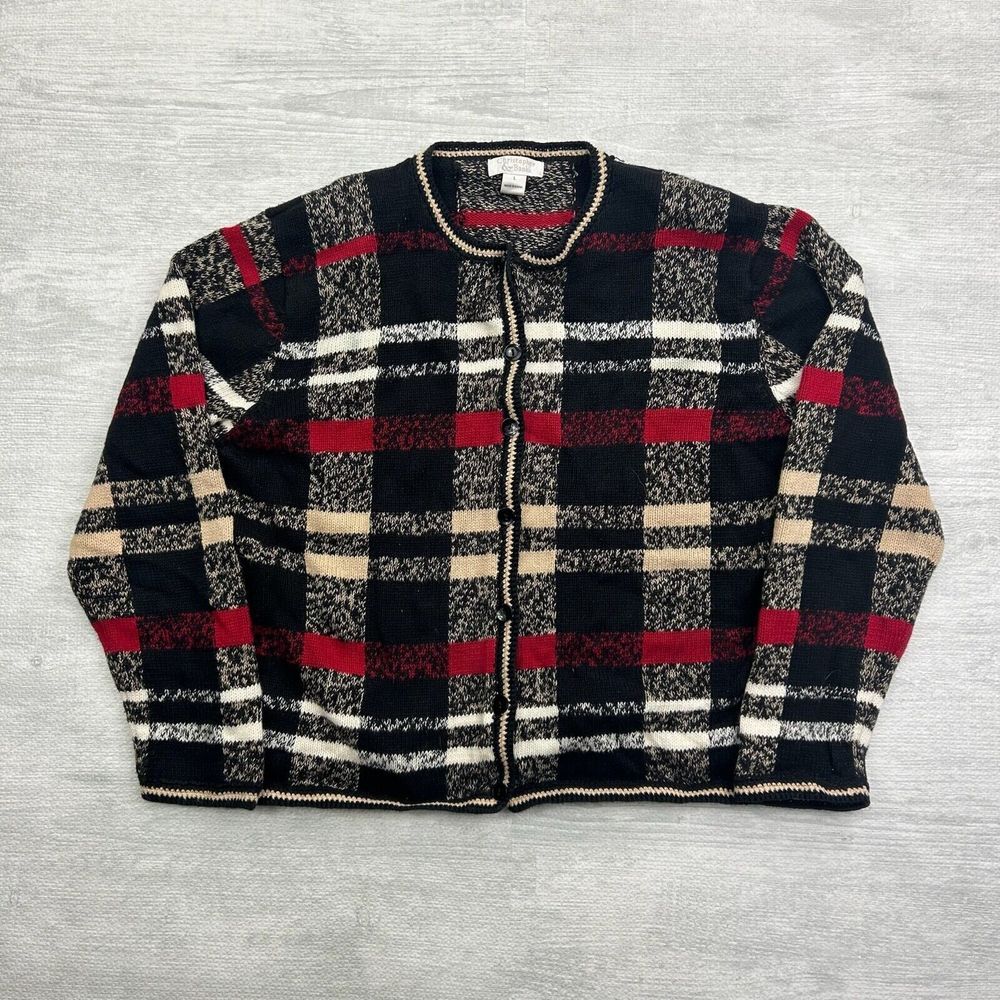 Vintage Christopher Banks Cardigan Sweater Womens Large Black Red Plaid Ramie